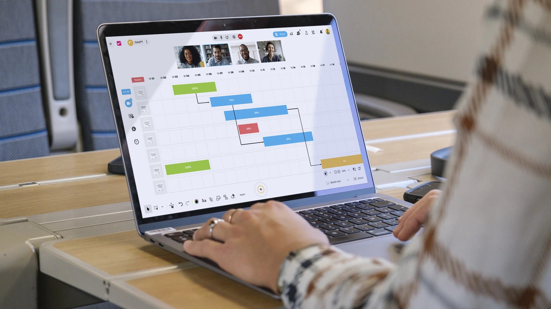 A person working on a computer displaying a Gantt chart template on a Board. | Klaxoon