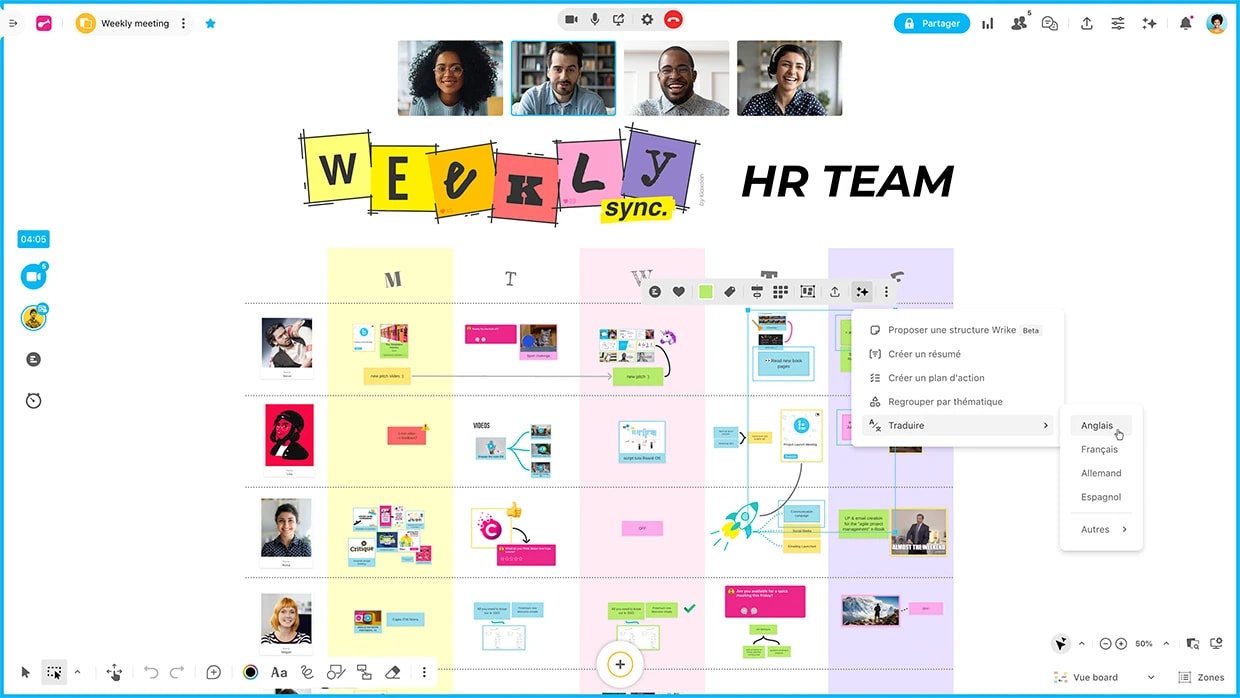 Une capture d’écran d’un Board qui affiche le template “Weekly”, avec plusieurs personnes connectées en visio. Un menu montre que l’utilisateur peut sélectionner des idées partagées pour les traduire dans la langue de son choix grâce à l’IA. | Klaxoon 