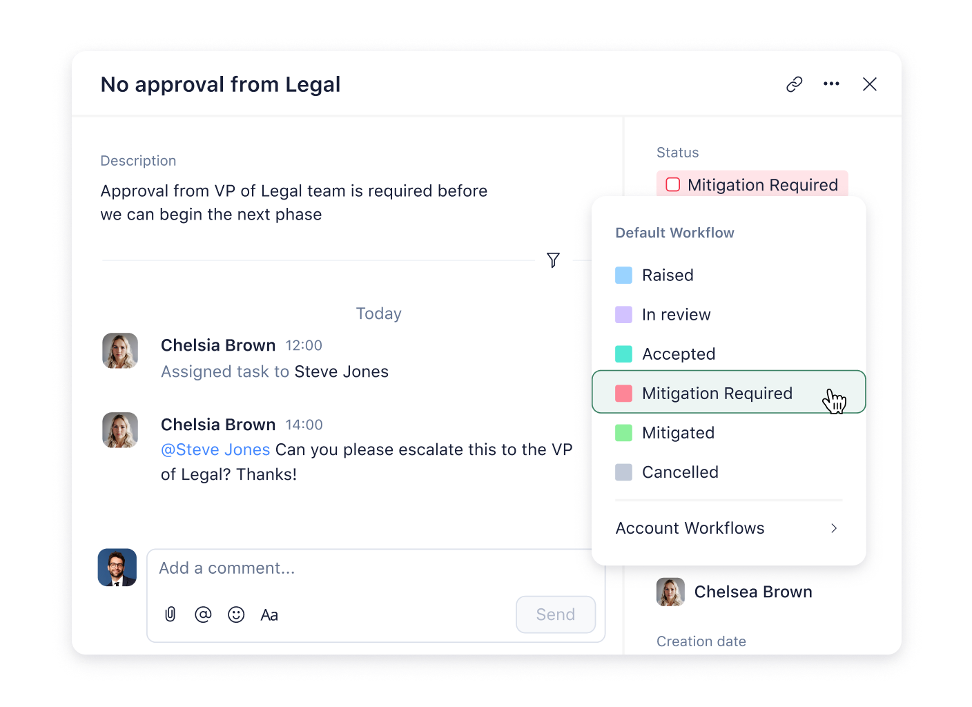 Wrike custom status settings panel showing default and custom workflow statuses.