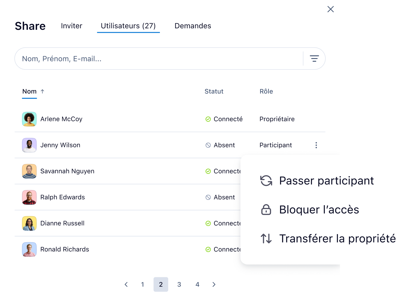 Liste des participants Klaxoon avec contrôles de réunion.