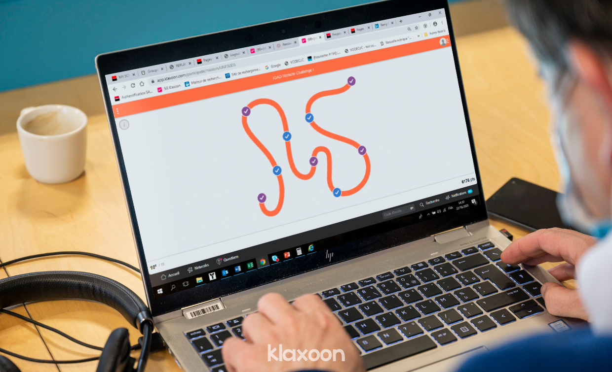On a desktop sceen in remote, a Mission pathway is displayed with several steps to achieve the onboarding process. | Klaxoon