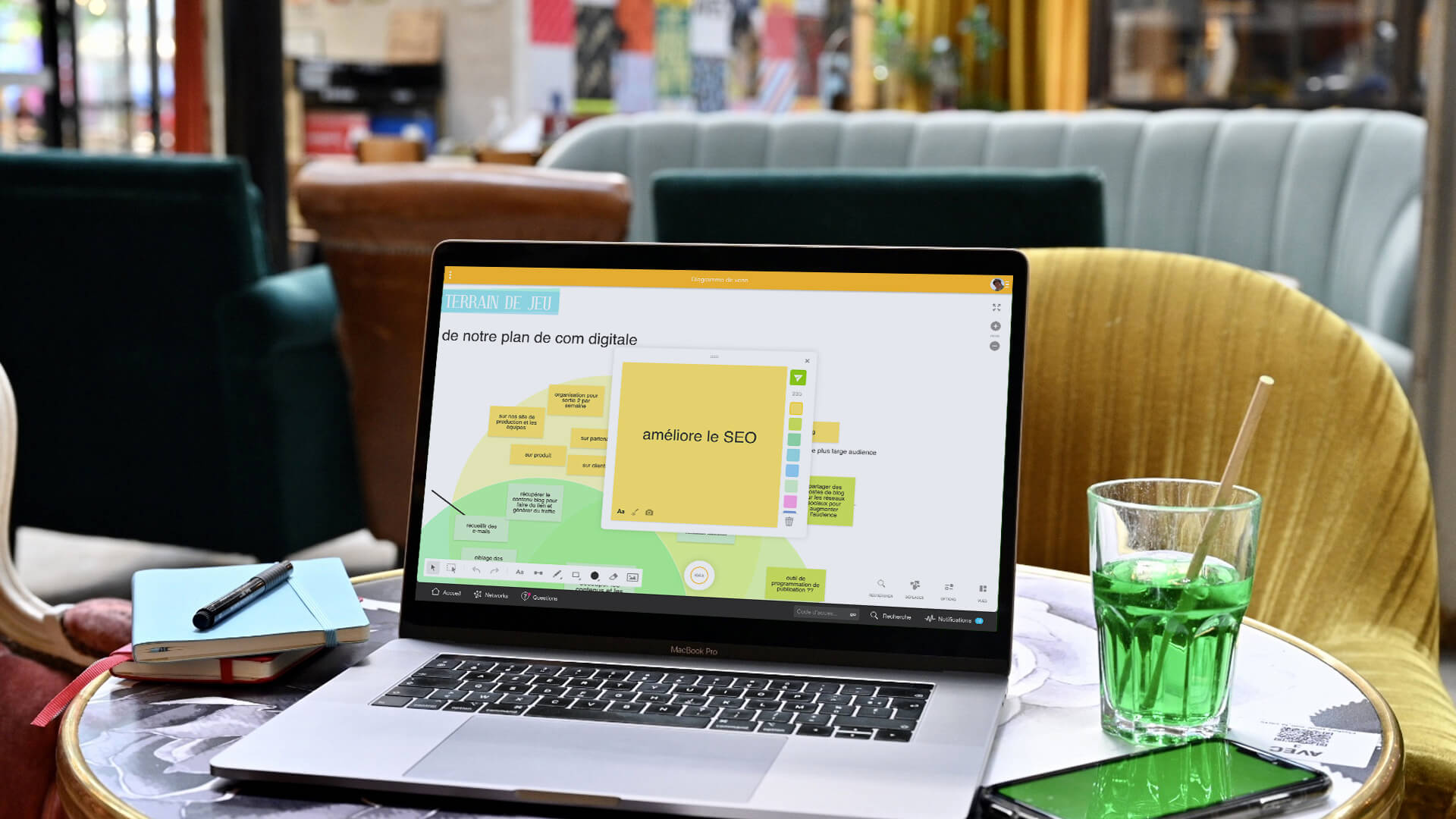 Un ordinateur affichant un Board de diagramme de Venn, où plusieurs idées de différentes couleurs ont été ajoutées. | Klaxoon