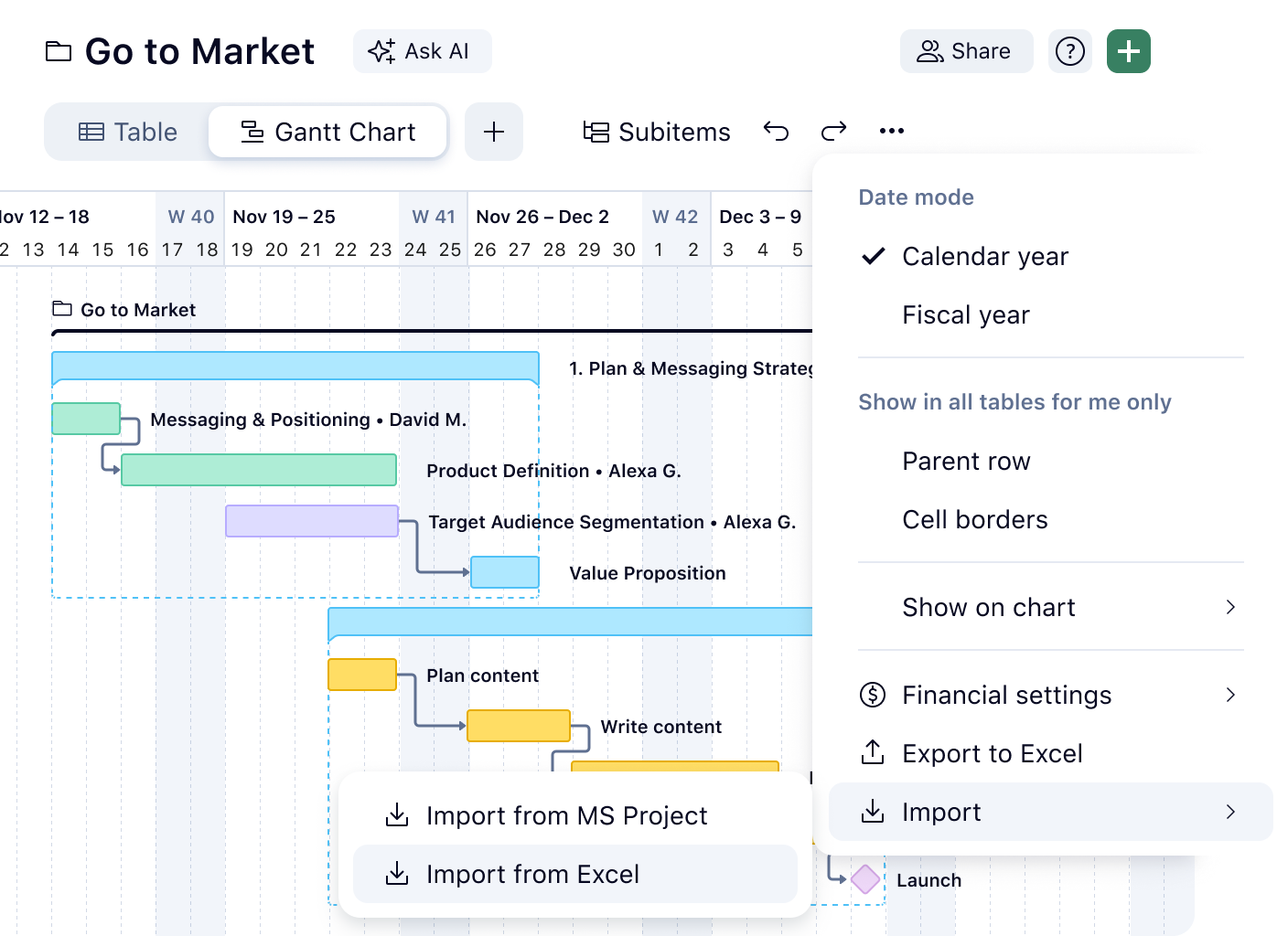 Import and export Gantt chart options for CSV, Excel and XML in Wrike interface.