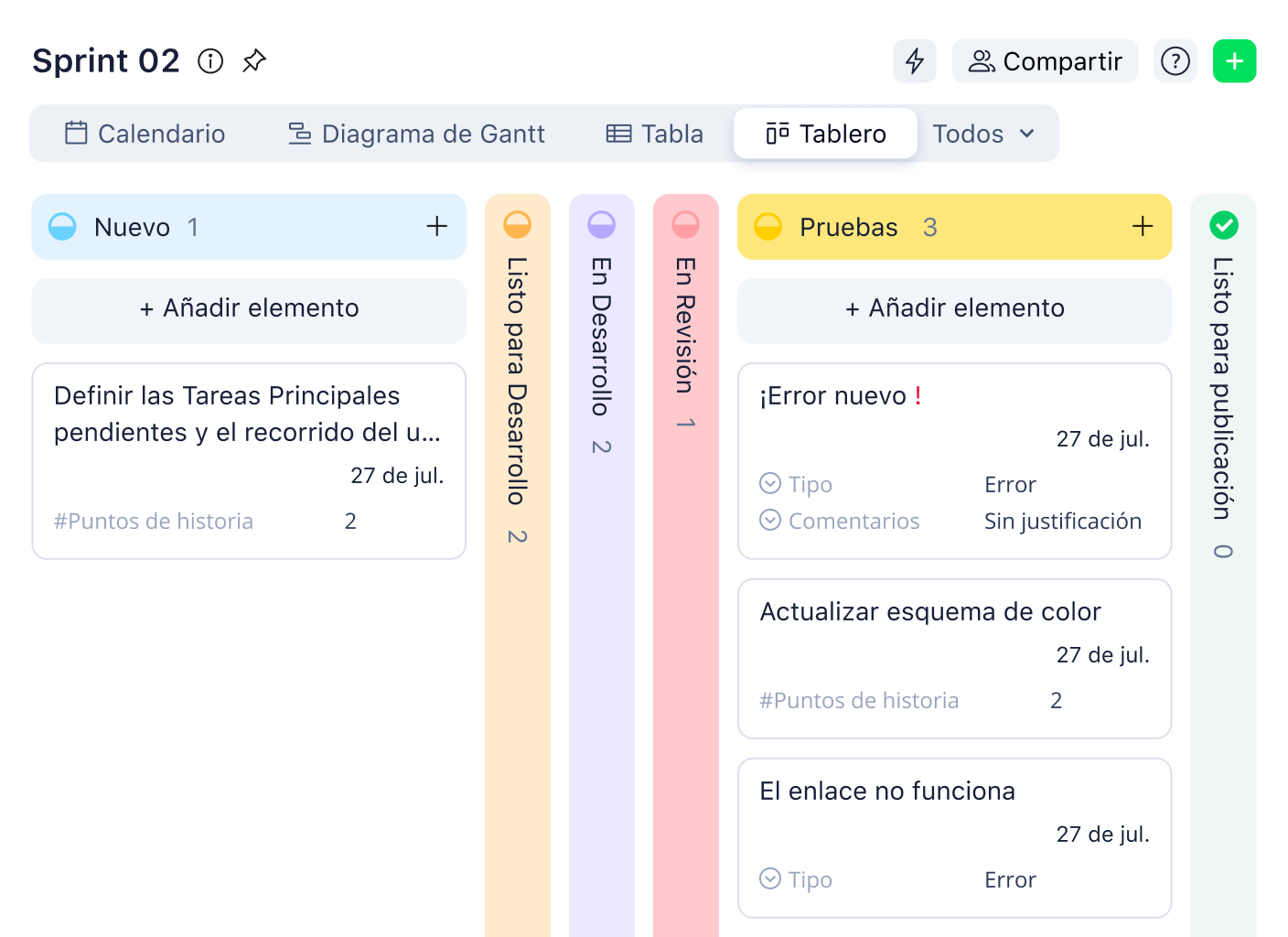 Tablero Kanban con columnas Por Hacer, En Progreso, En Revisión, Bloqueado y Terminado en Wrike.