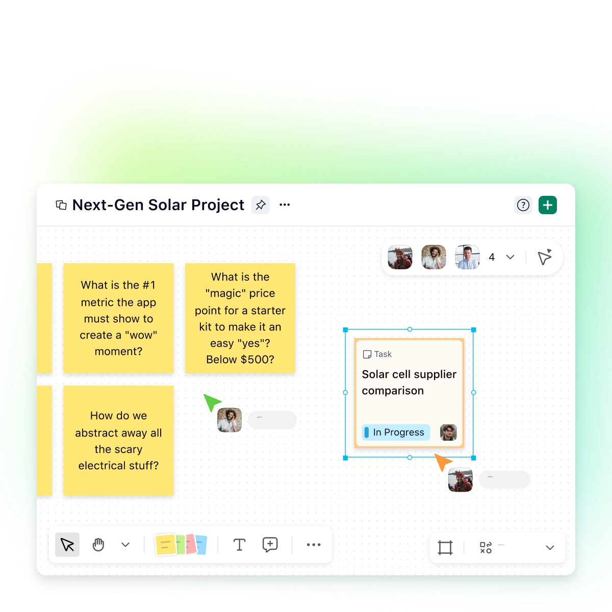 Kanban whiteboard with To Do, In Progress, Review and Done columns with sticky notes.