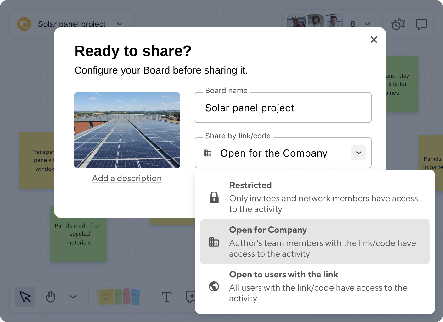 Klaxoon sharing and security interface showing access control panel.