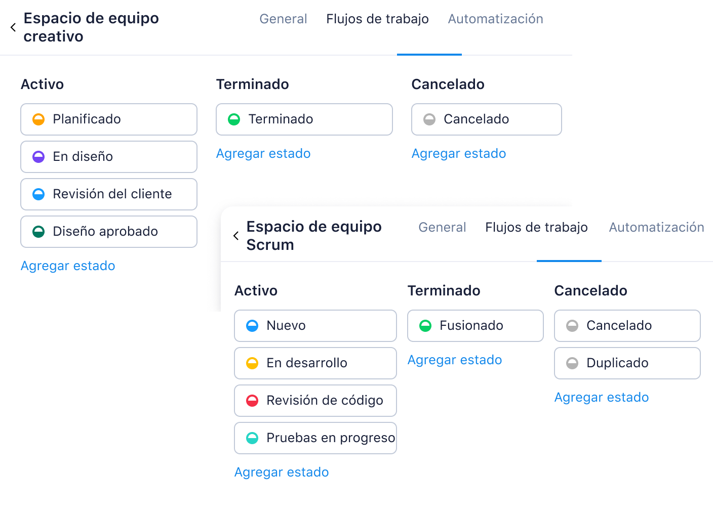 Tabla de flujos de trabajo a nivel de espacio con desencadenantes, atributos y pasos.