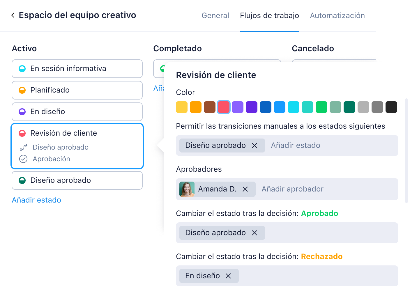 Panel de flujos de trabajo a nivel de espacio en Wrike.