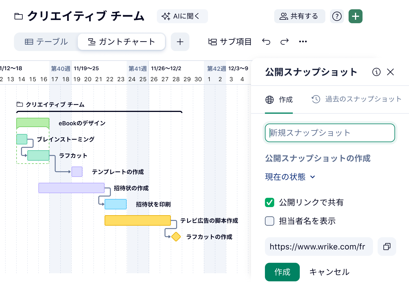 Ganttチャートとタスク一覧のプロジェクト管理ダッシュボード.