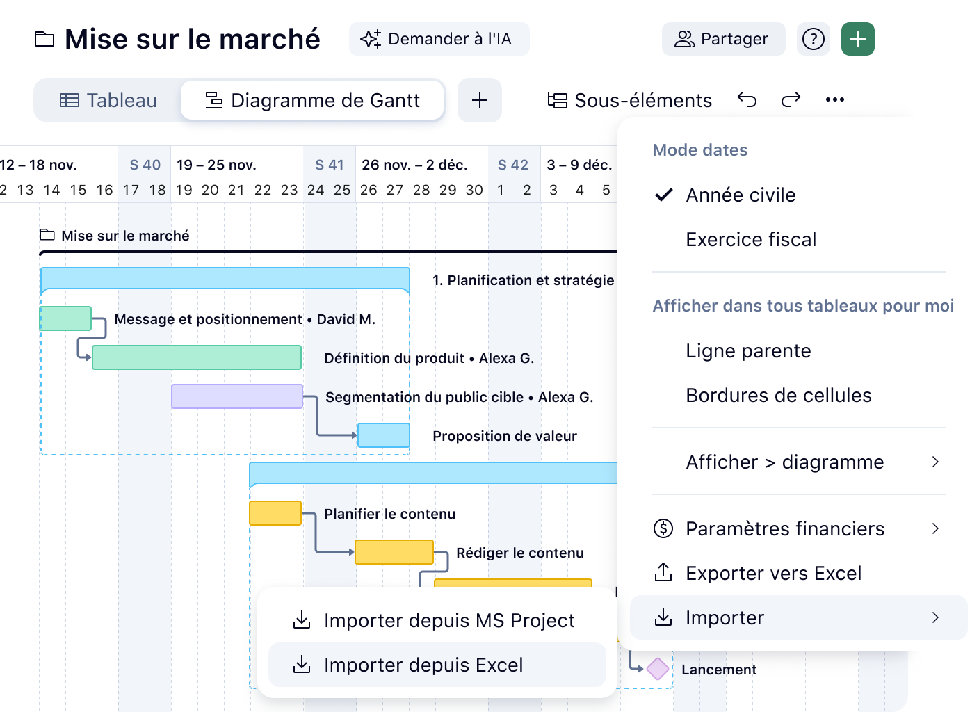 Diagramme de Gantt avec barres de tâches, calendrier et contrôles d'import/export.