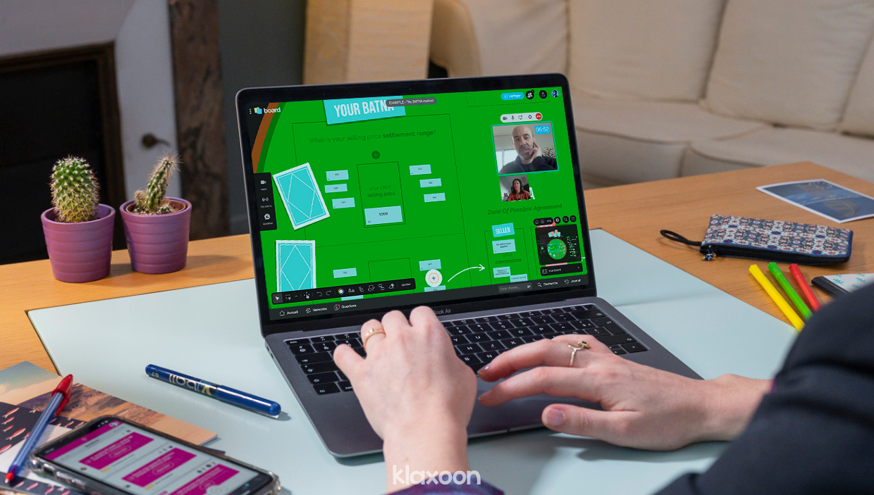 Like a poker table, the BATNA Board includes multiple zones where ideas can be added in the form of colorful thumbnails. Here, the video conferencing option is turned on. | Klaxoon