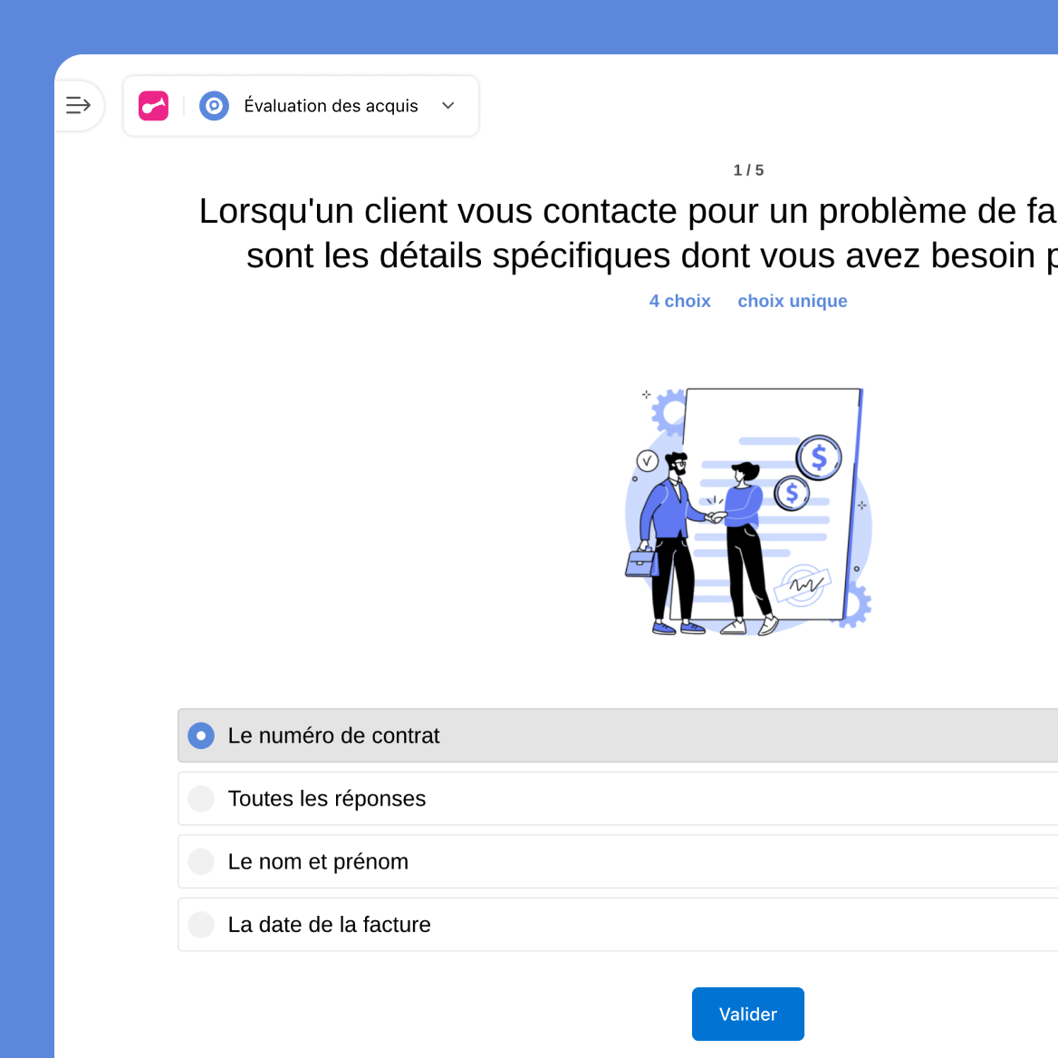 Quiz créativité interactif avec icônes ampoule, graphique et rouages plus bouton Commencer le test.
