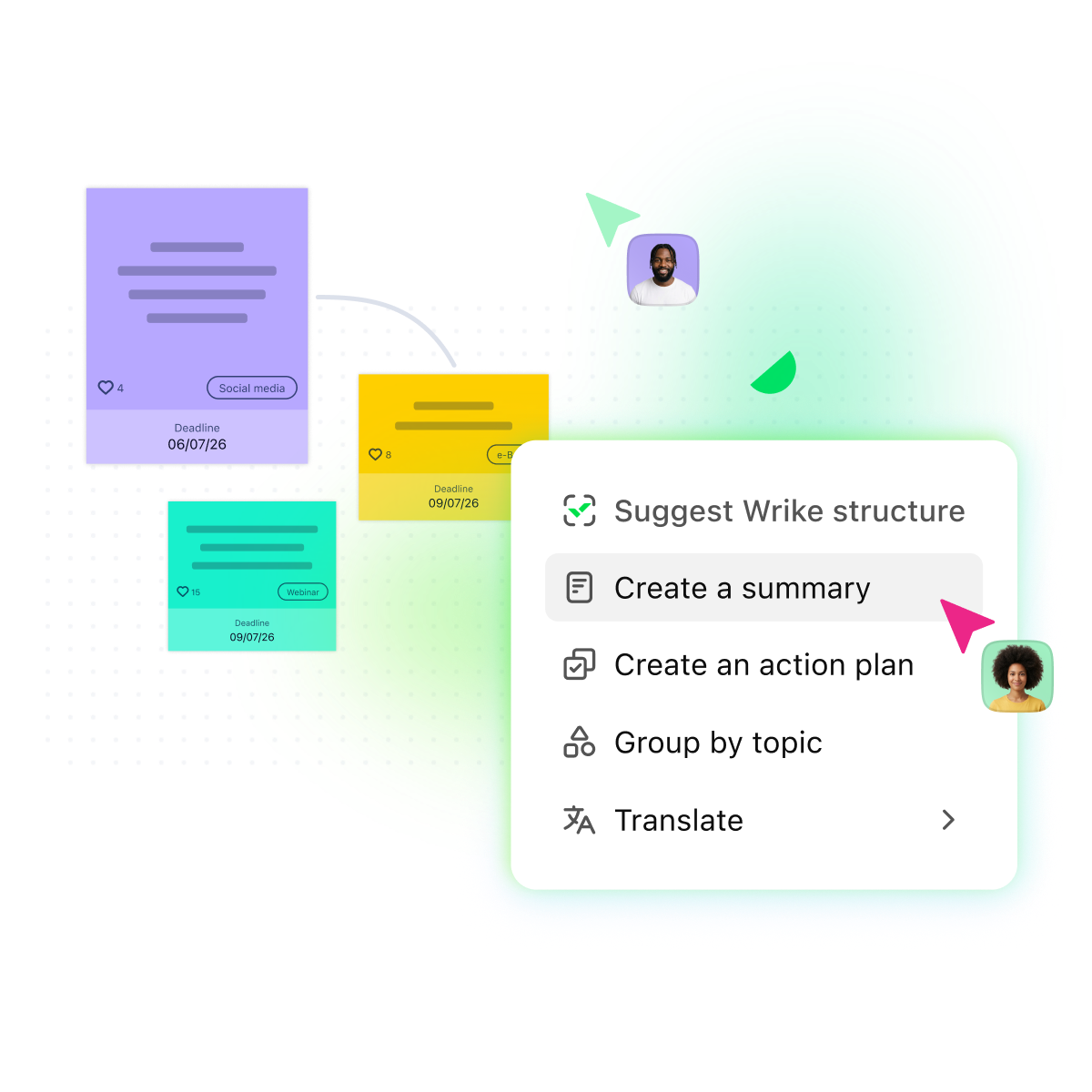 Whiteboard Essentials digital whiteboard with sticky notes and task cards.