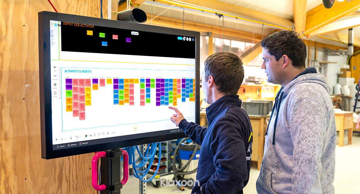 Sur un Board Klaxoon, des idées sont postées et classées par couleur, catégorie et dimension. | Klaxoon