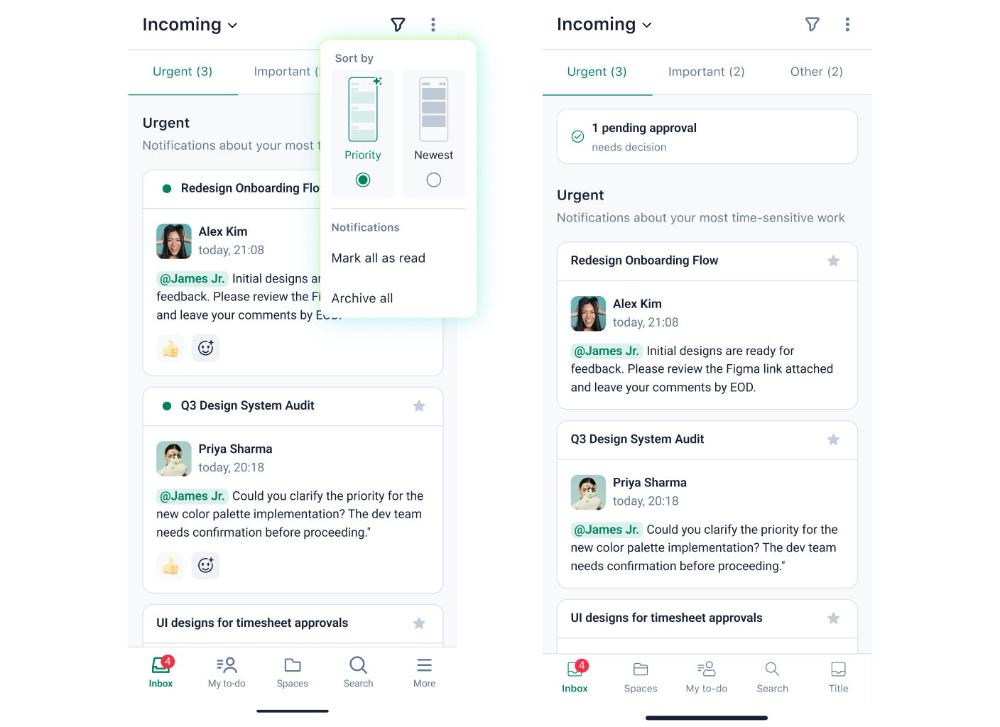 Wrike mobile app screenshot showing AI-priority inbox filter.