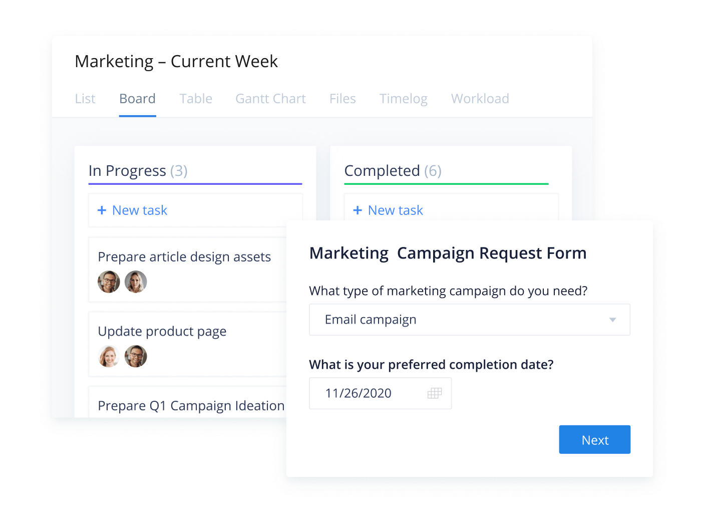 Wrike project board displaying task cards and a custom timeline request form.