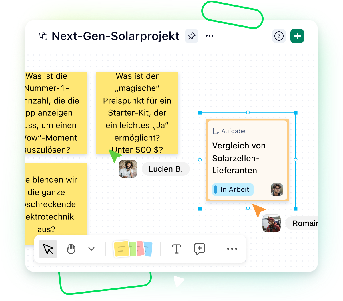 Interaktives Whiteboard mit Aufgaben, Diagrammen und Notizen zur Projektplanung.