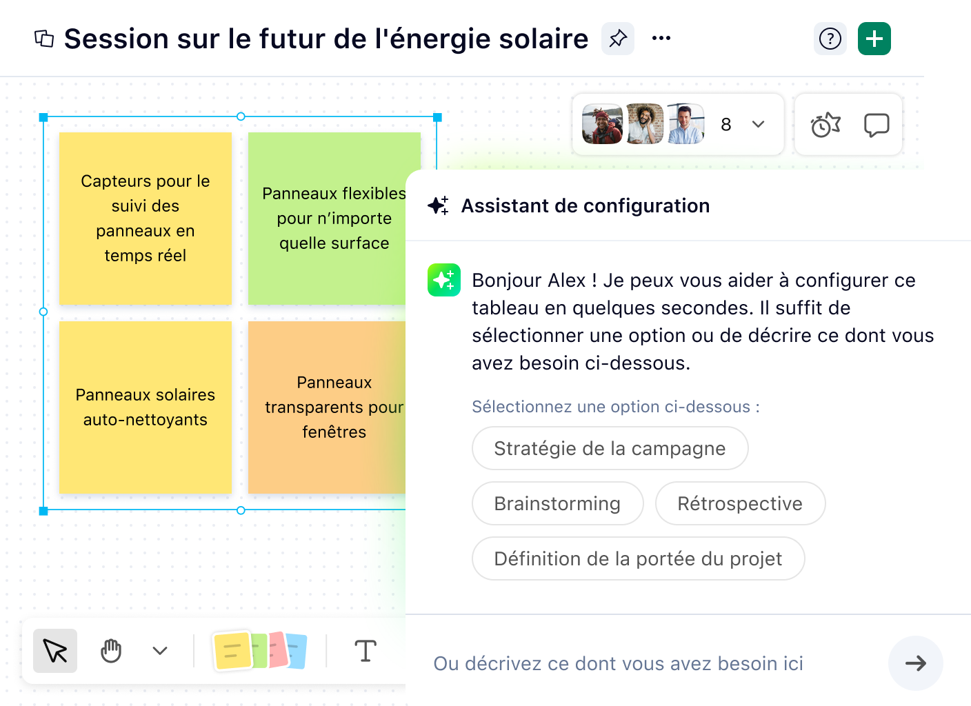 Interface de tableau blanc Wrike avec assistant IA suggérant des tâches et idées visuelles.