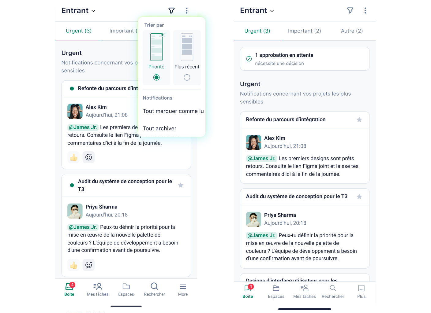 Filtre prioritaire IA dans la boîte de réception mobile Wrike.