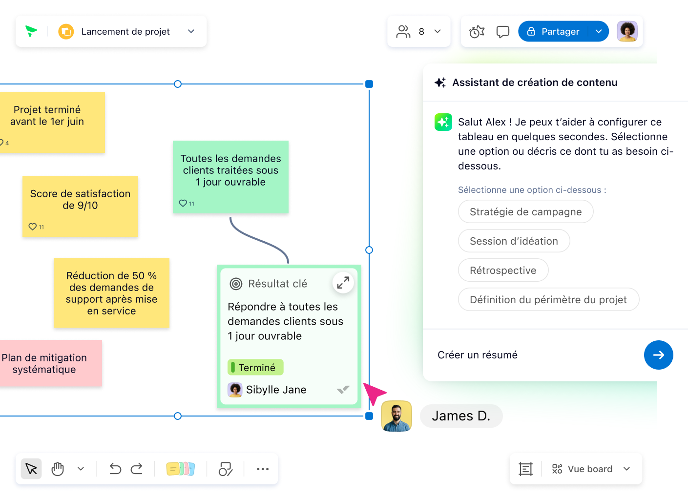 Klaxoon AI Assistant interface with chat and task suggestions.