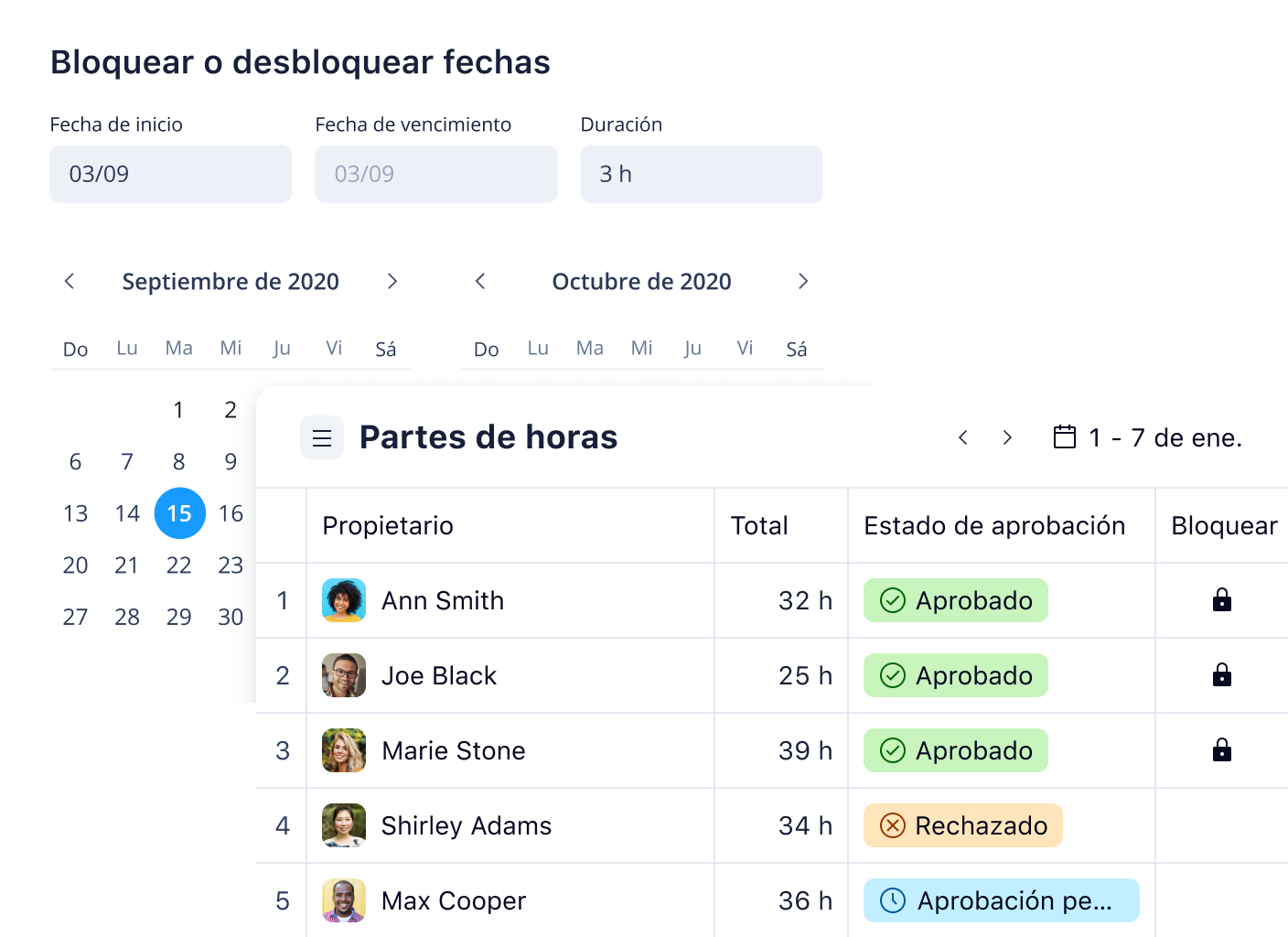 Calendario de registro de tiempo con fecha bloqueada en Wrike.