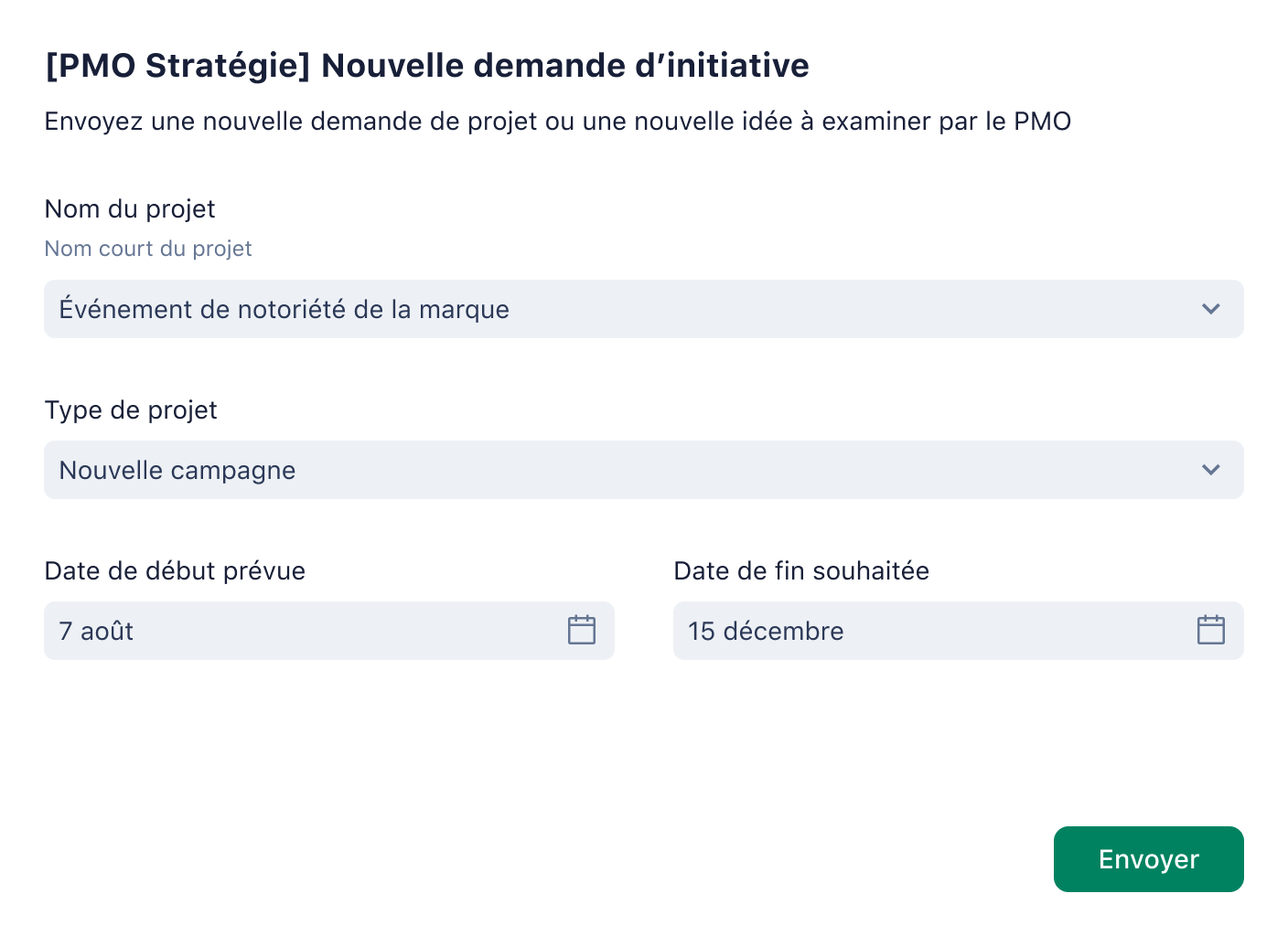 Formulaire de demande de capture d’écran produit pour nouvelle initiative.