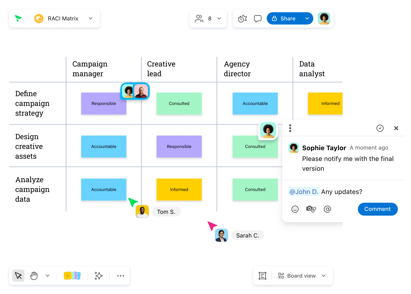 Scoping and prioritization board with task cards and prioritization matrix.