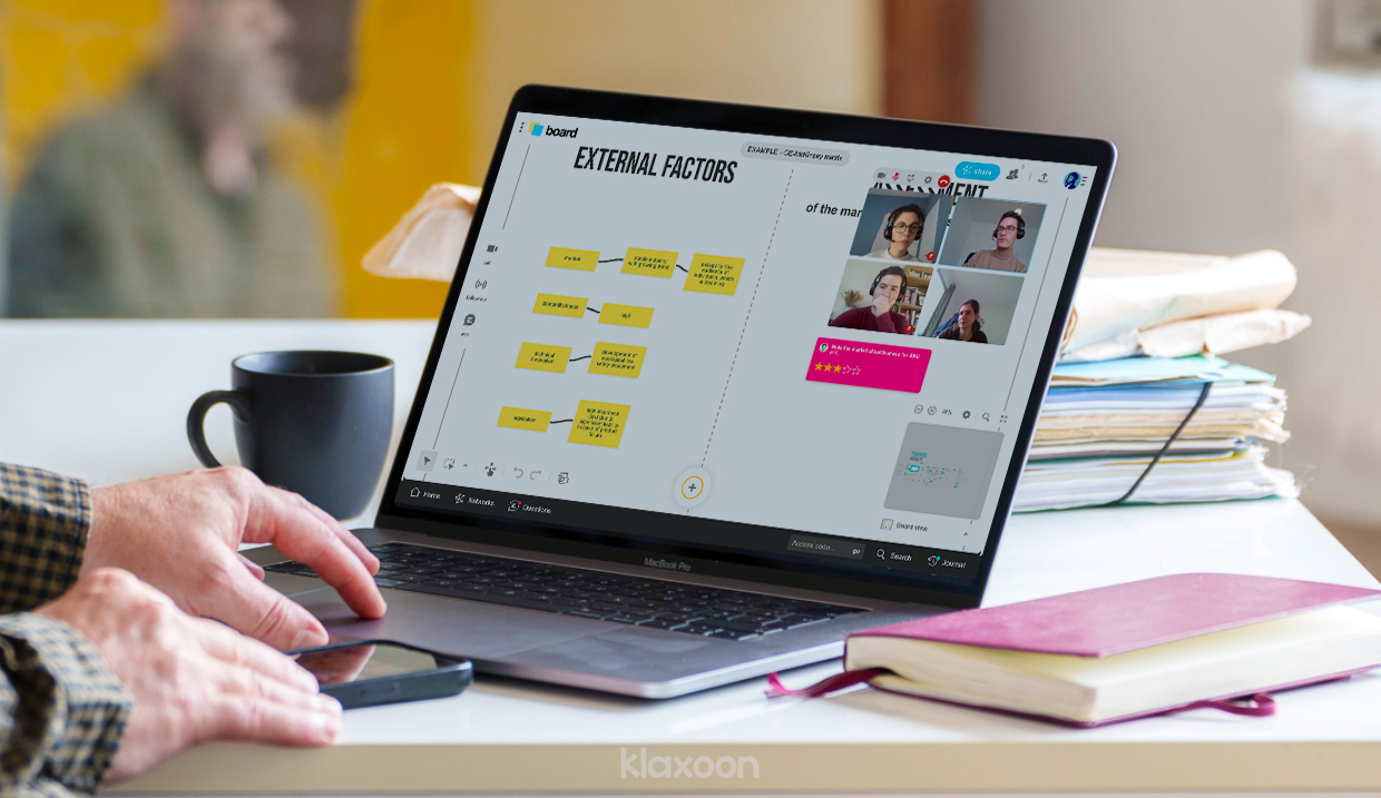Someone is viewing the GE-McKinsey Matrix analysis on their laptop screen. External factors are listed as colored thumbnails. In pink, the result of the Rating Question indicates 3 stars. | Klaxoon