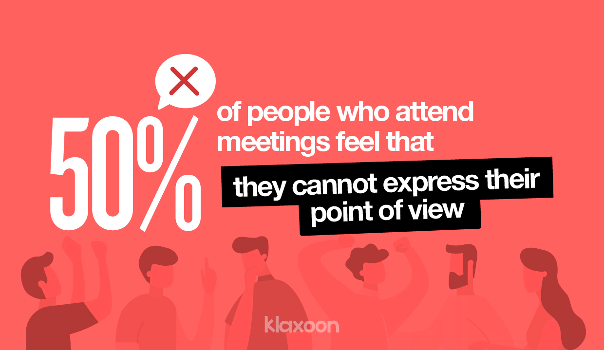 User icons with speech bubble represent half of people unable to express their point of view.