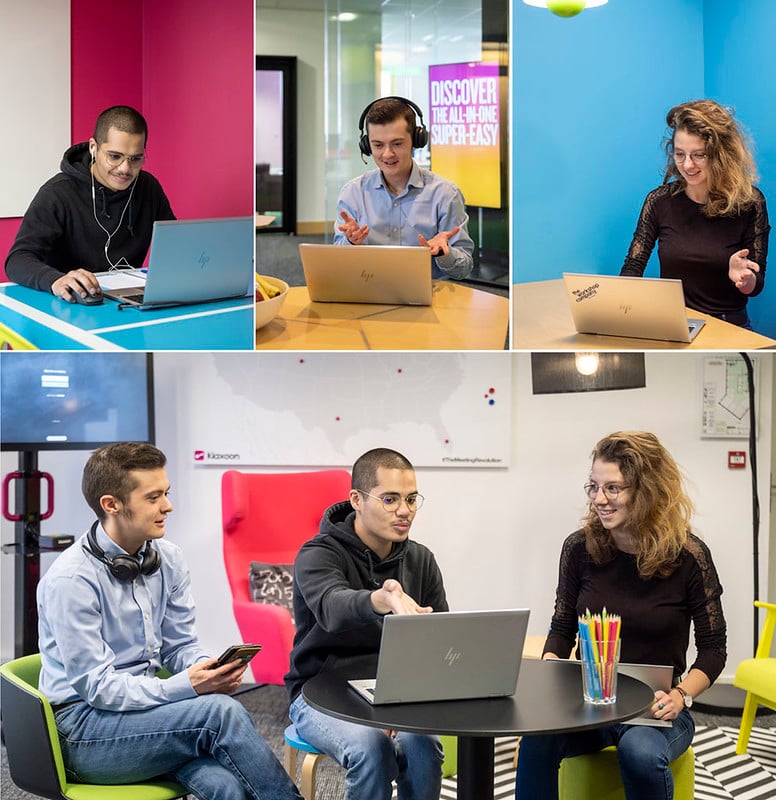 Three people working asynchronously and then meeting in person for discussions. | Klaxoon