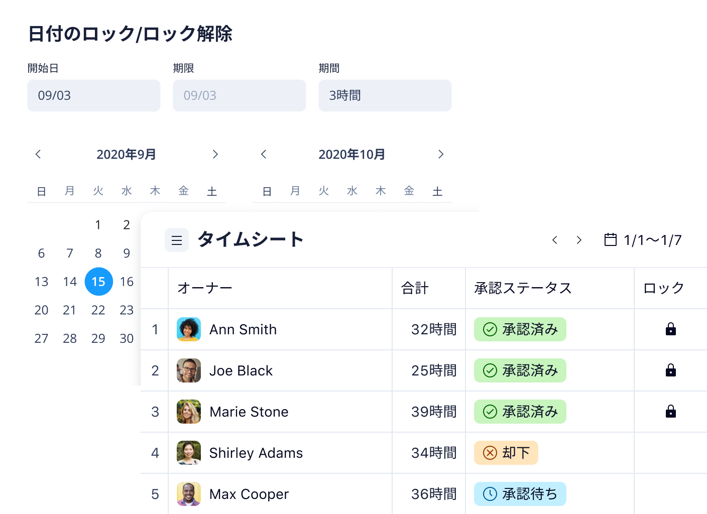 プロジェクト管理ダッシュボードにおけるタイムログロック日の設定UI.