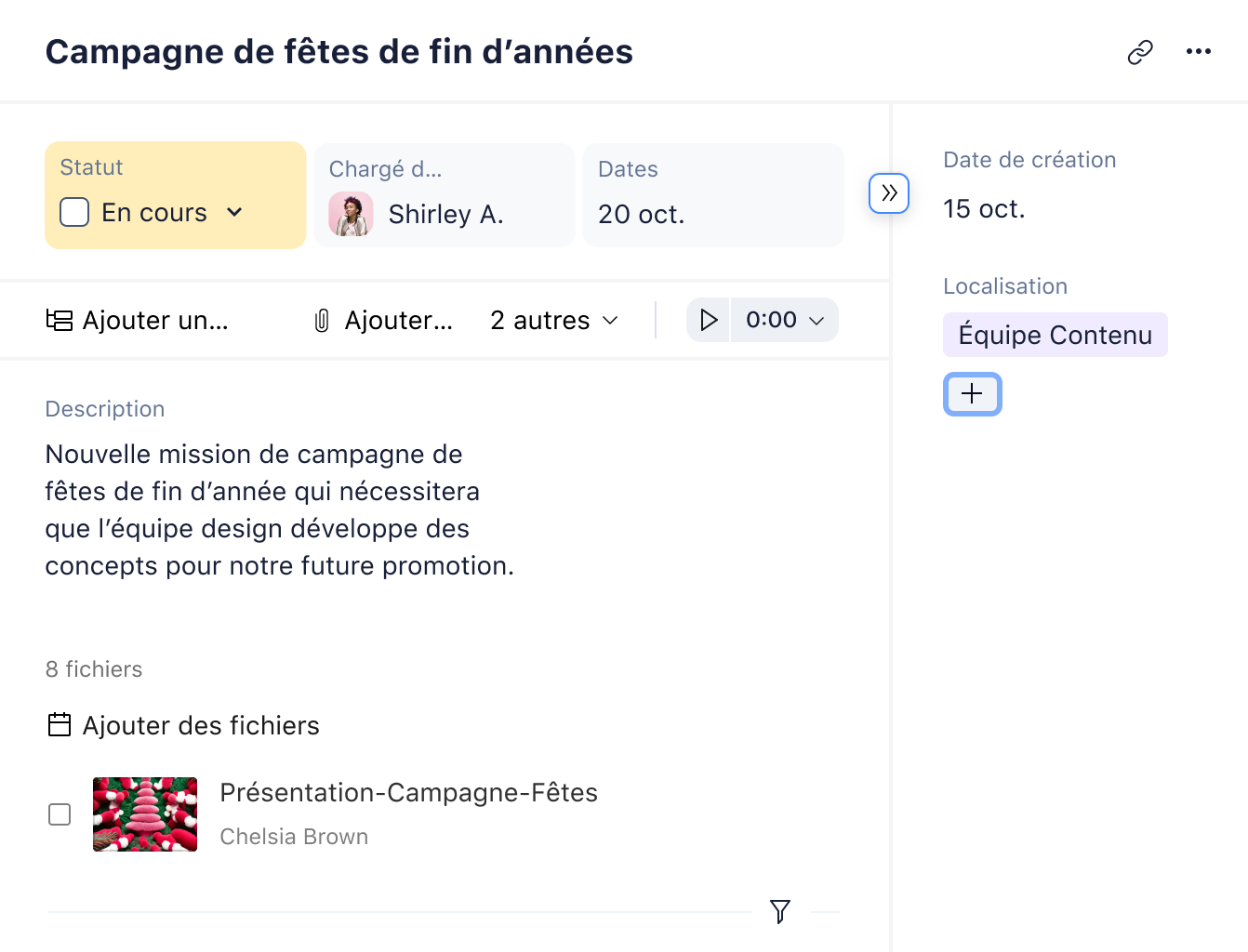 Interface Wrike avec marquage croisé des tâches d’une campagne de Noël.