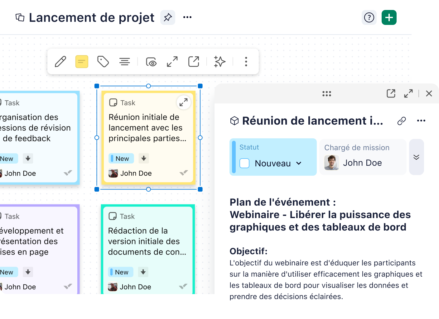 Interface d'édition Klaxoon intégrée à un gestionnaire de tâches.