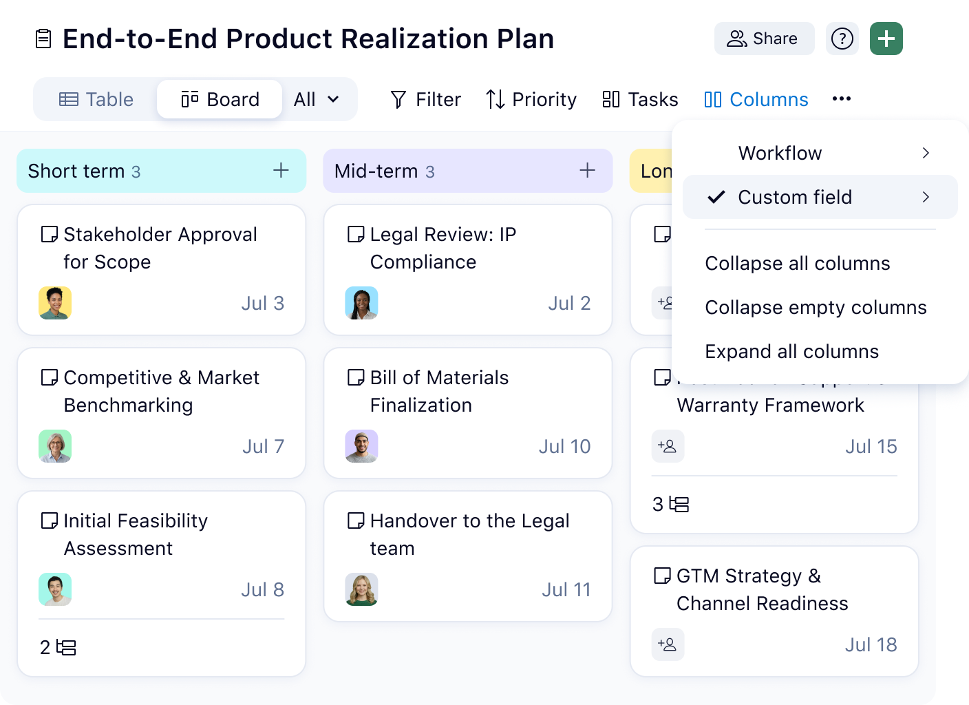 Wrike board view with kanban columns and task cards.