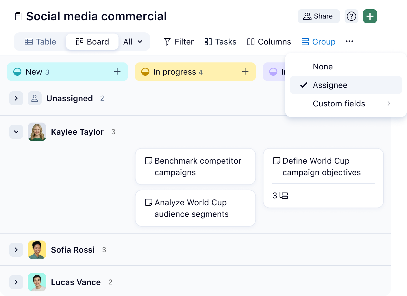Wrike Board View with swimlanes and task cards across status columns.
