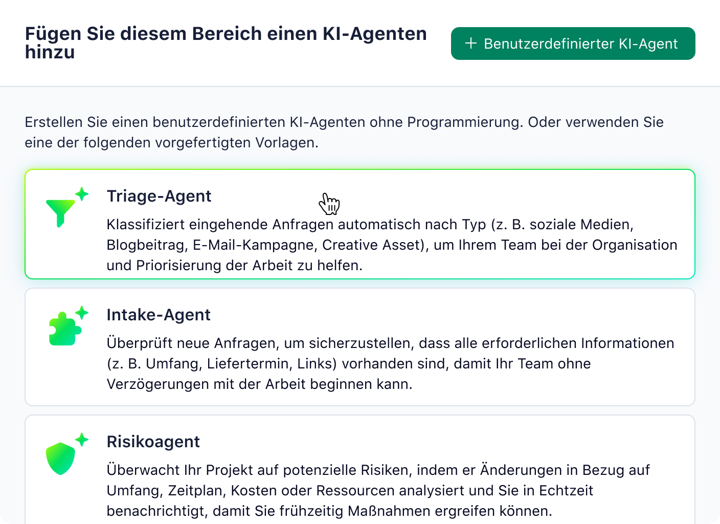 KI-Automatisierungsvorschläge im Wrike-Dashboard mit konfigurierbaren Automationsregeln.