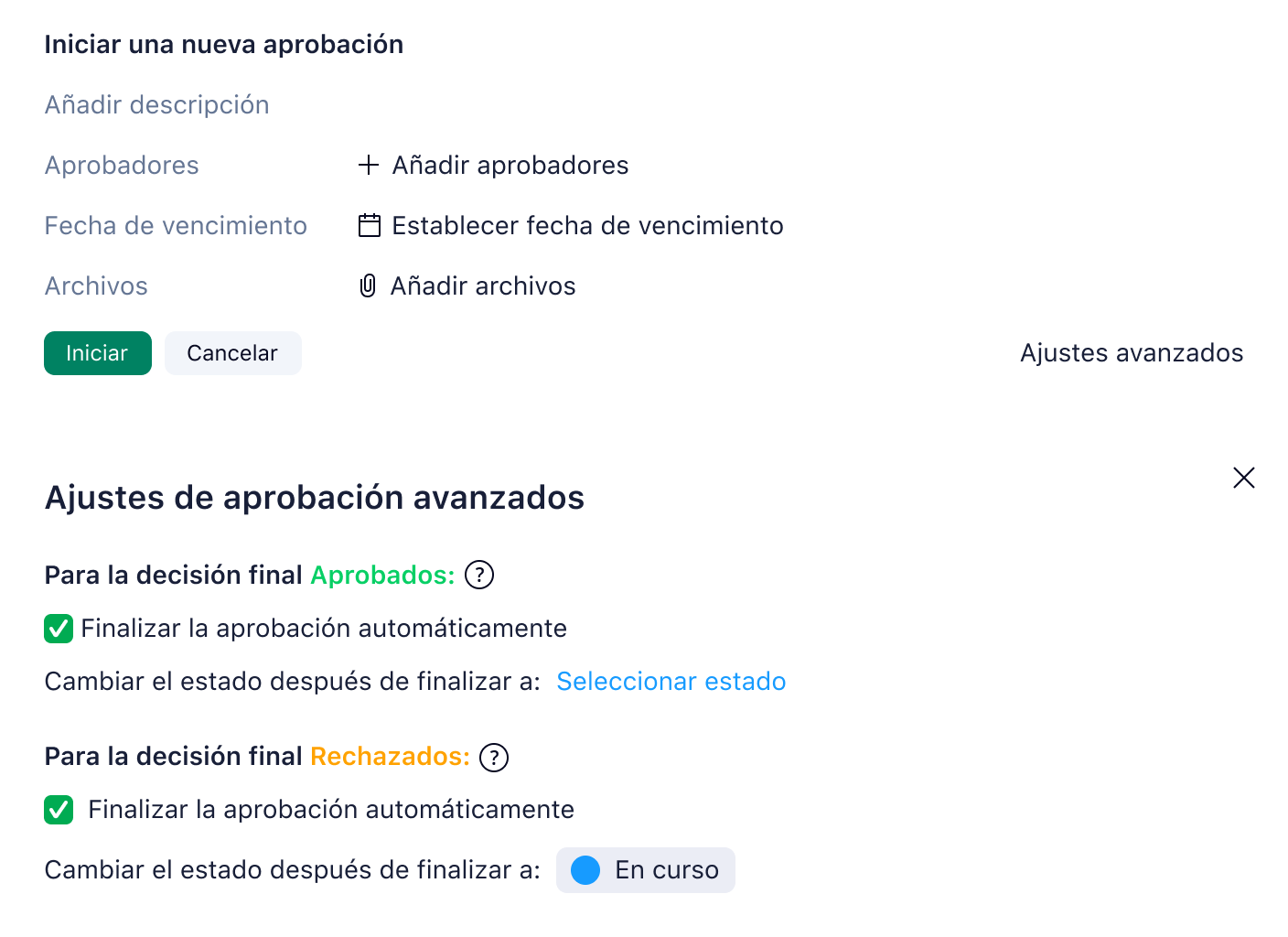 Panel de aprobaciones con lista de solicitudes, estado y miniaturas.