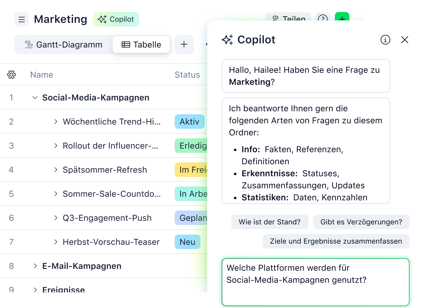 Wrike KI-Copilot generiert Aufgabentexte in Tabellenansicht.