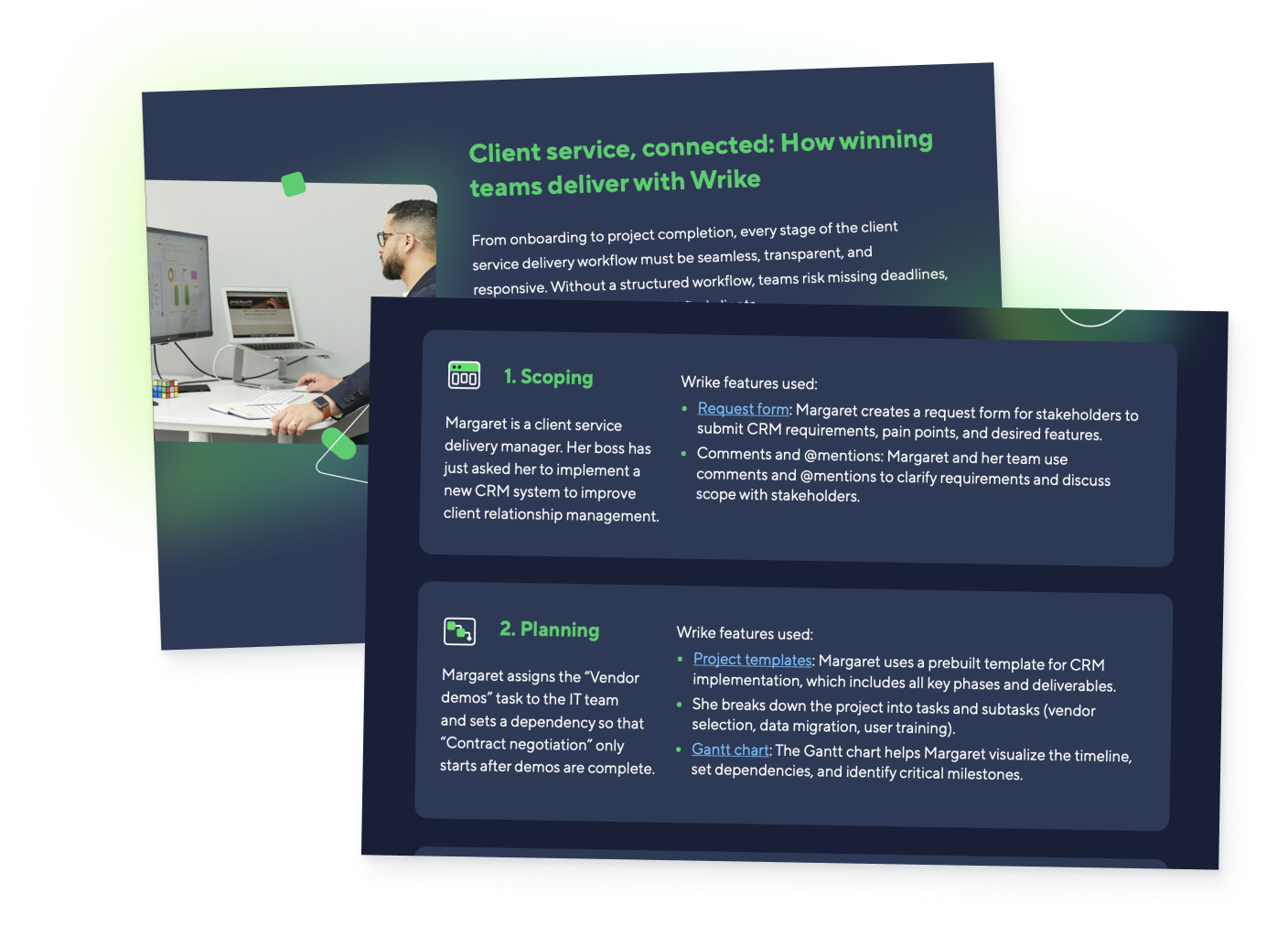 Infographic showing client delivery workflows with task lists and Gantt timeline.