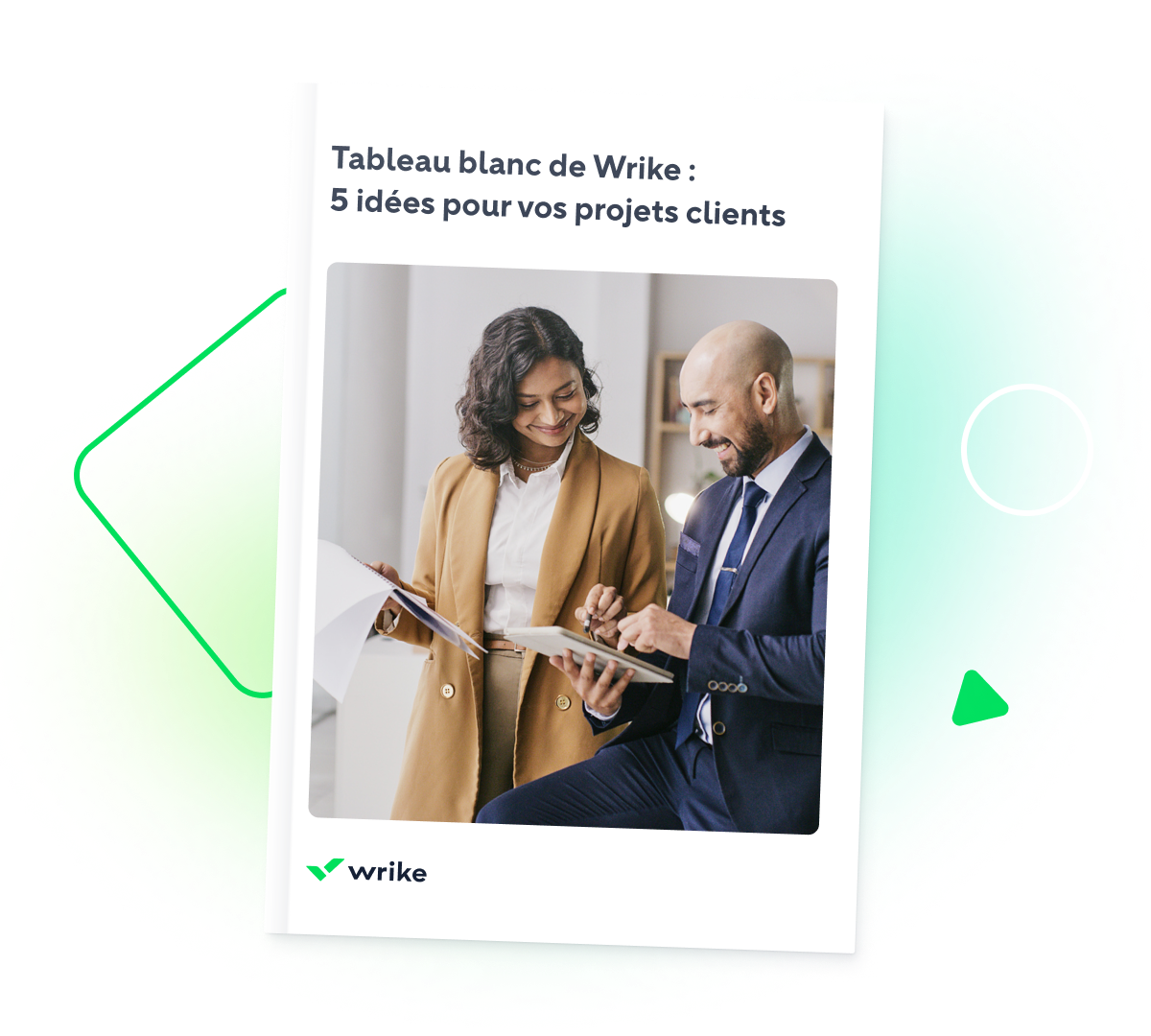 Infographie Wrike montrant processus de prestation de services clients sur tableau blanc.