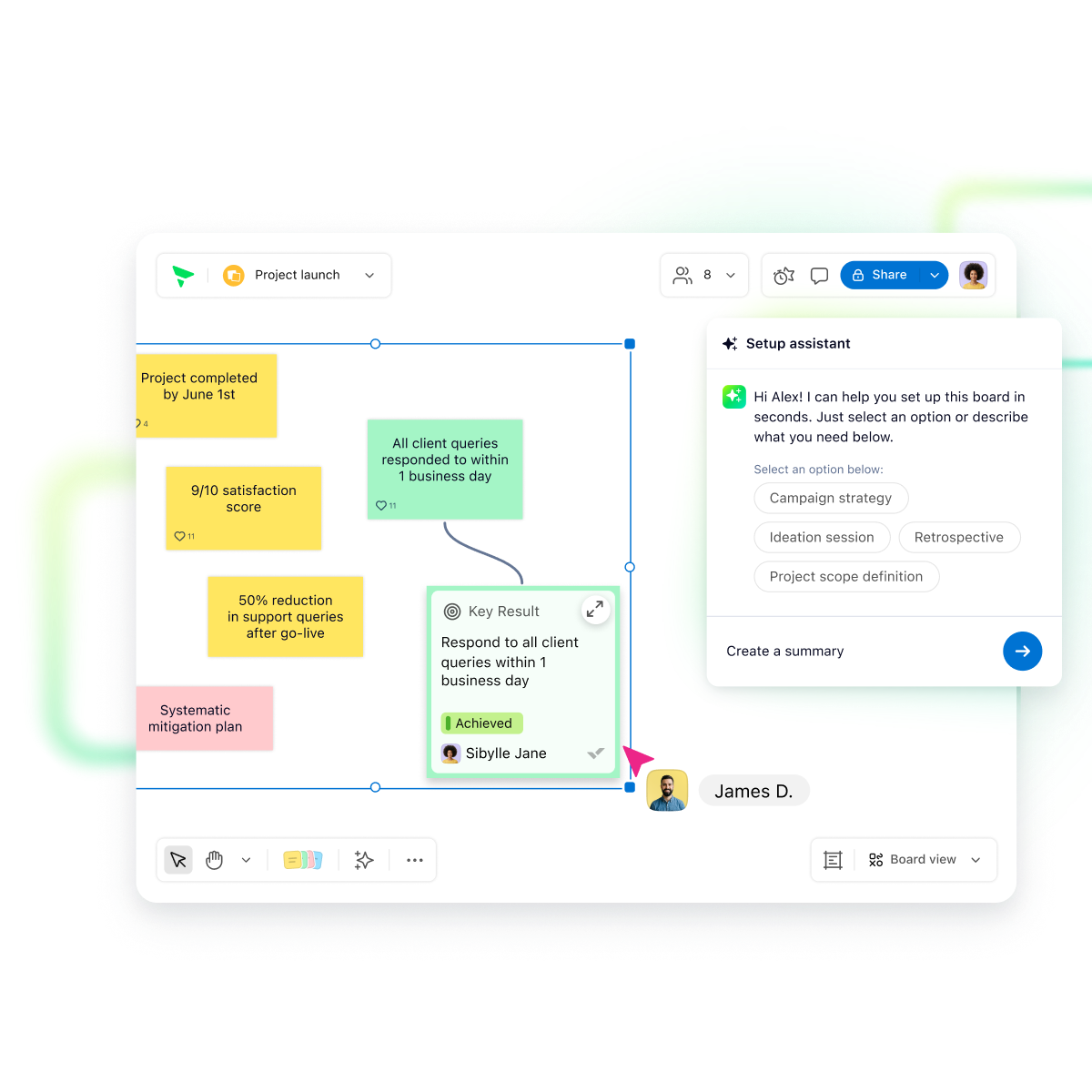 Board Assistant with task cards, suggestions and activity sidebar.