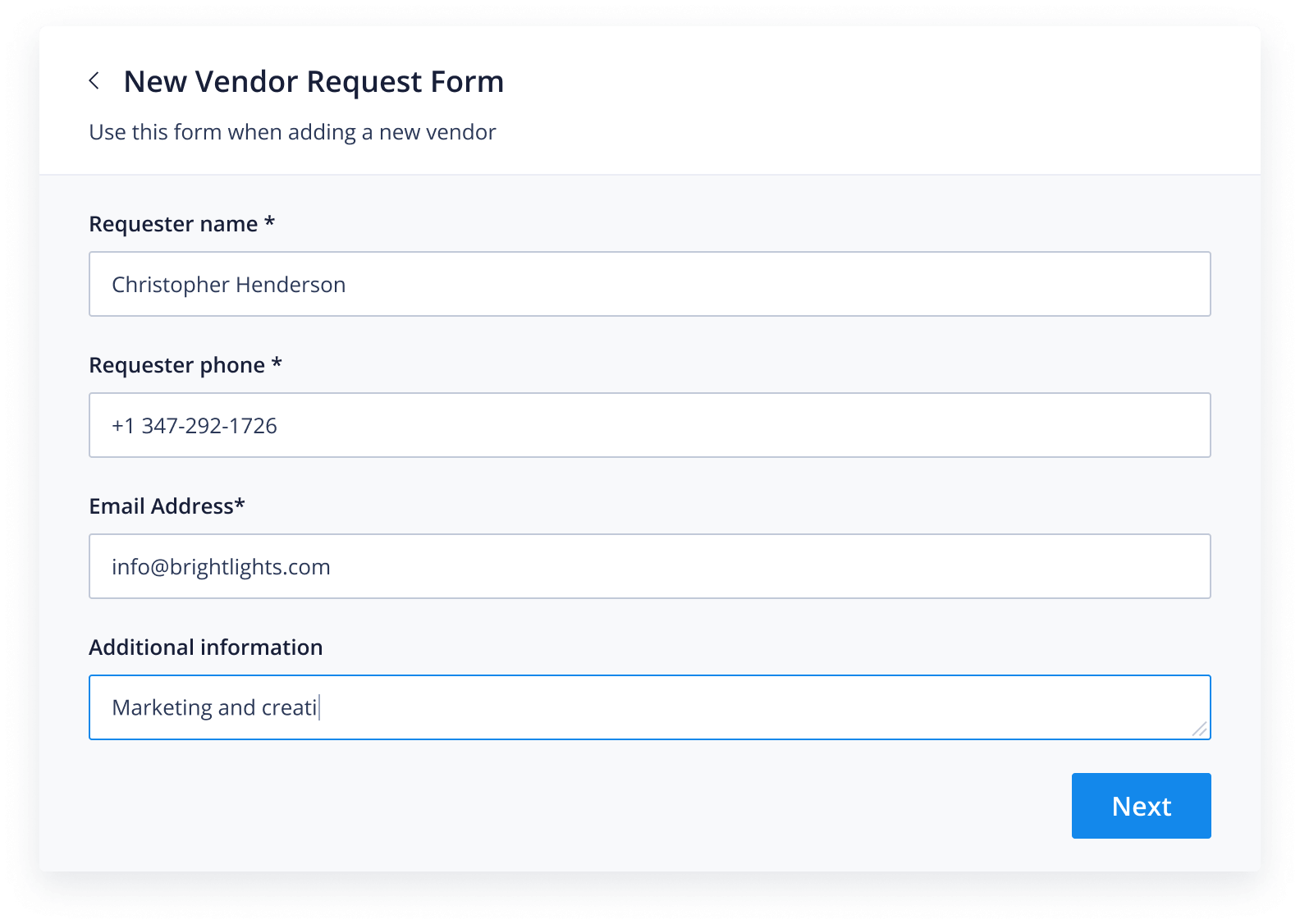 New Vendor Request Form screenshot