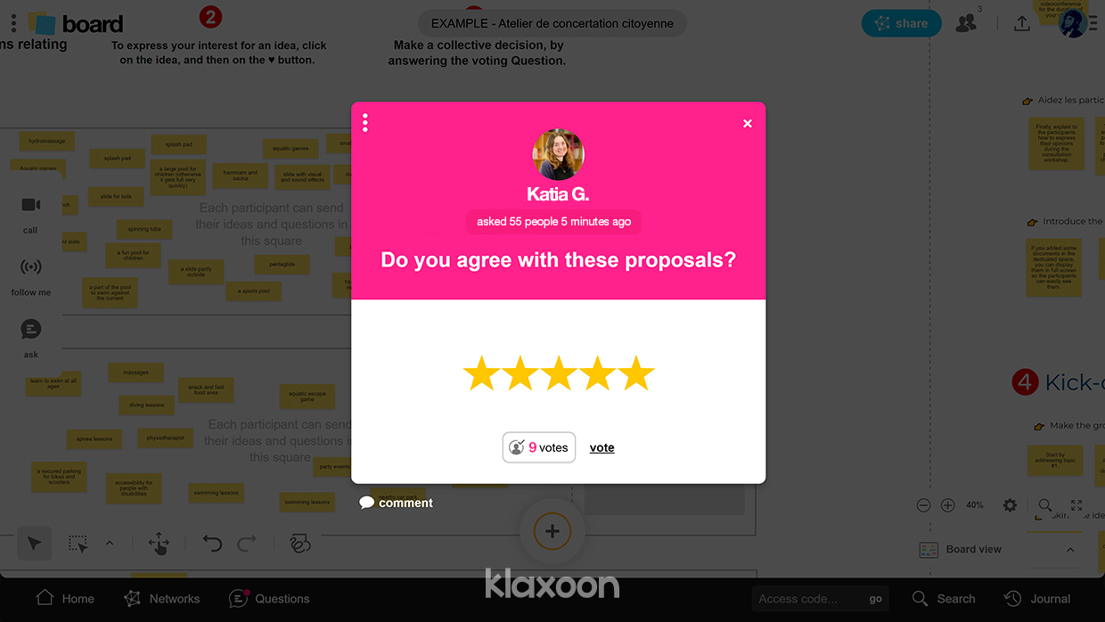 A Rating Question asked on a Board, with 5 stars for the question "Do you agree with these proposals?" | Klaxoon