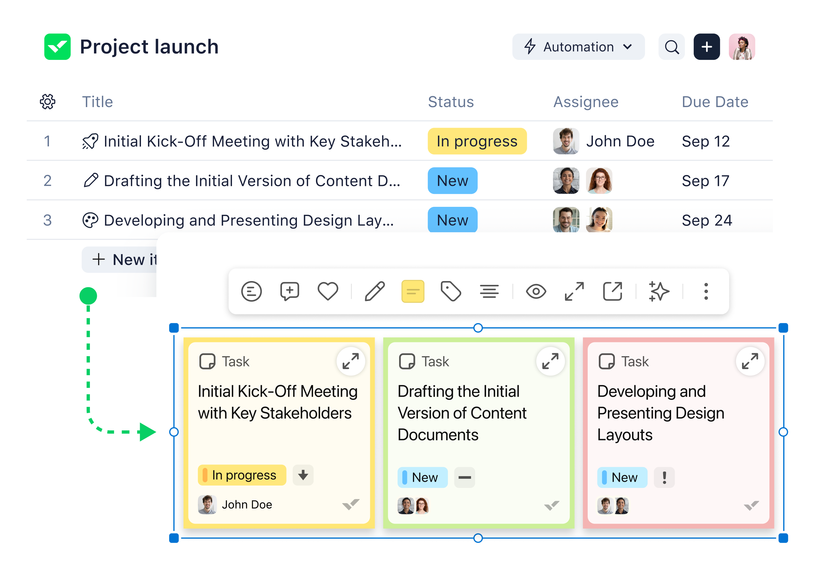 Task import dialog beside Klaxoon board showing color-coded task cards.