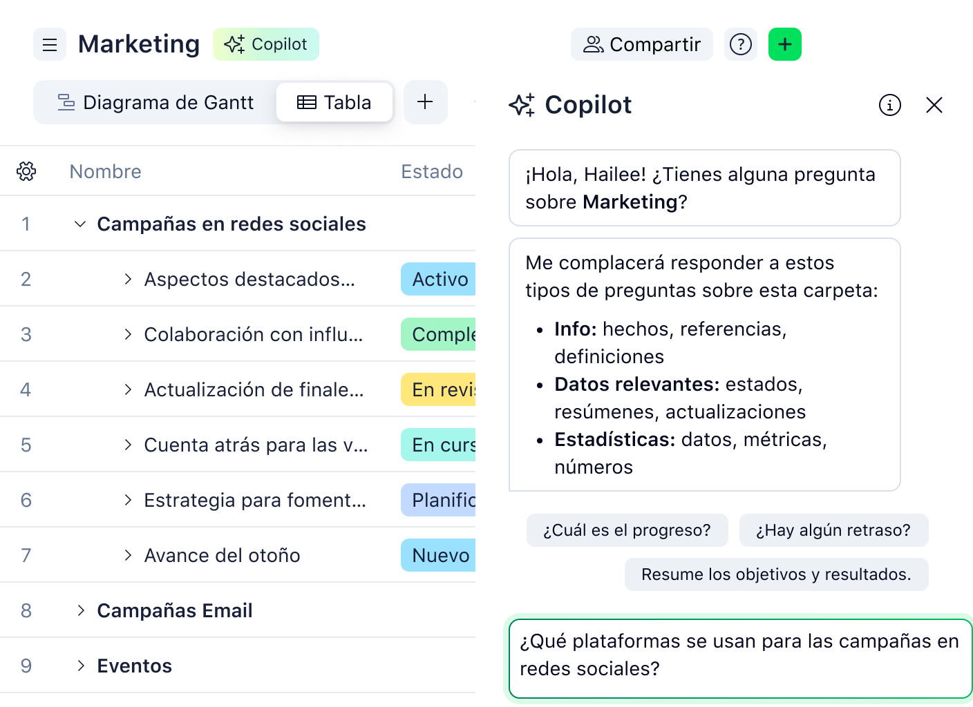 Vista de tabla de gestión de proyectos en Wrike con Copiloto de IA mostrando tareas y estados.