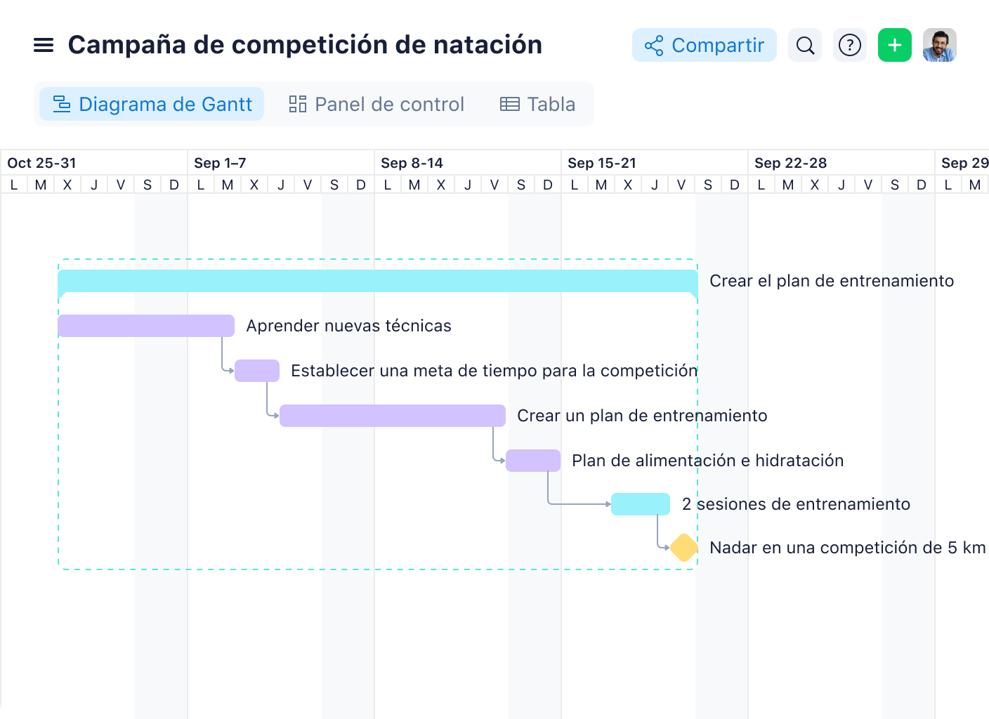 Plan de proyecto de carrera de natación con diagrama de Gantt y tareas cronológicas.