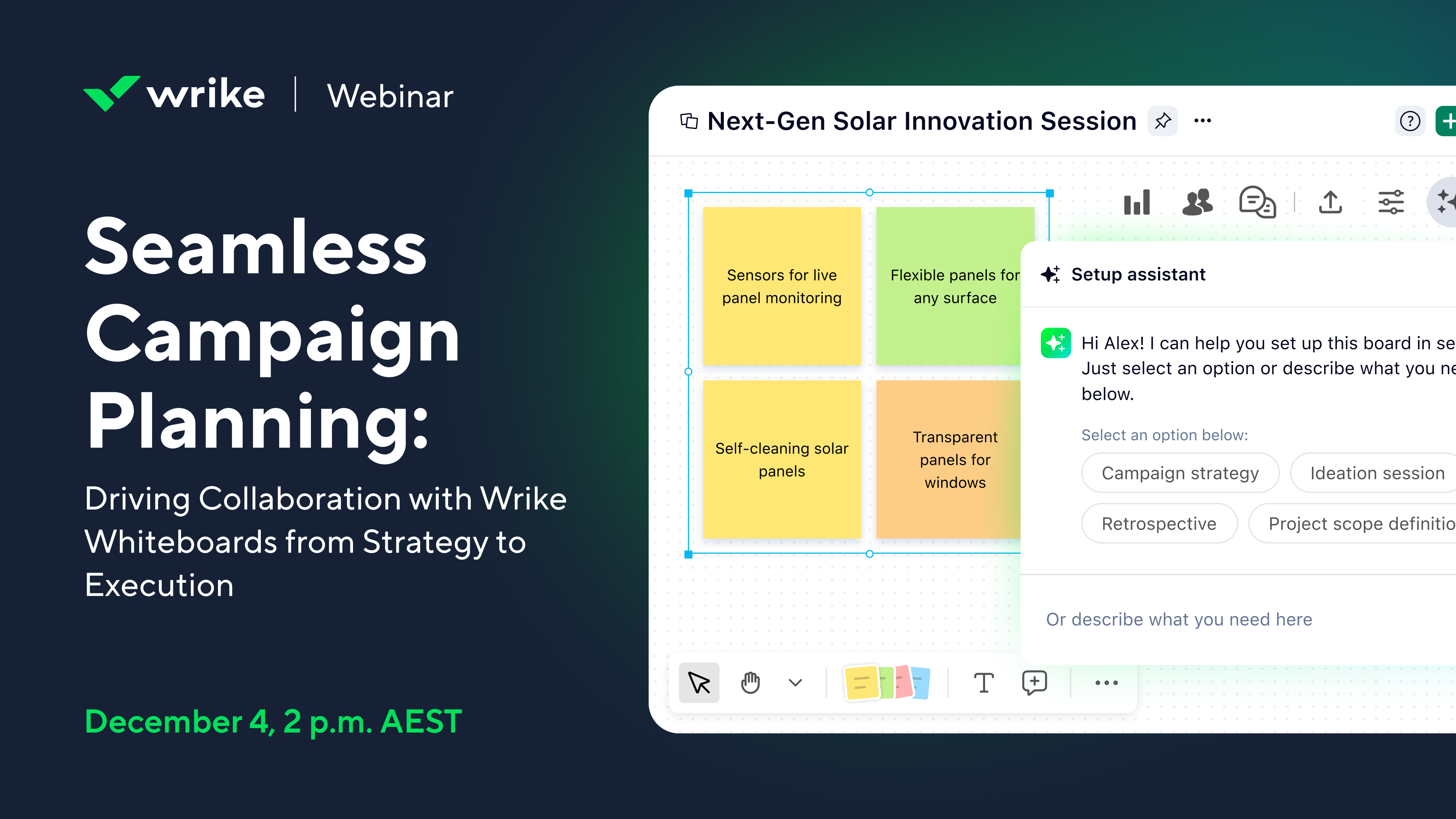Wrike webinar cover highlighting Whiteboards for APAC team collaboration.