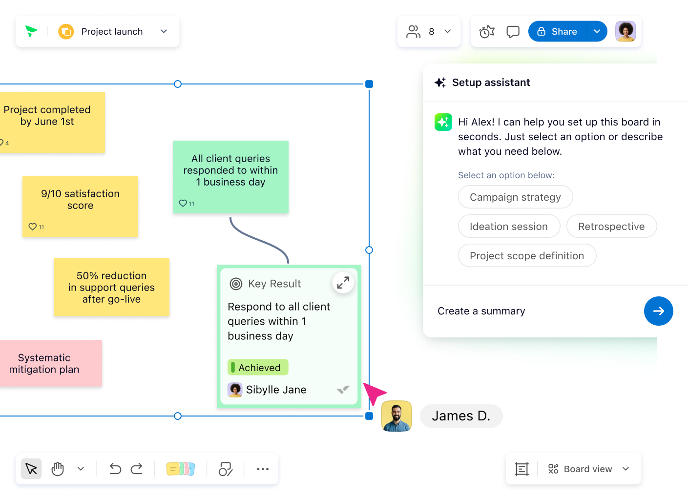 Klaxoon AI Assistant interface with chat panel and suggestion cards.