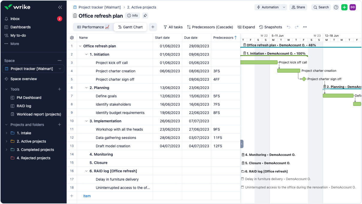Project tracker template featuring task list, owners, status, dates and Gantt chart.