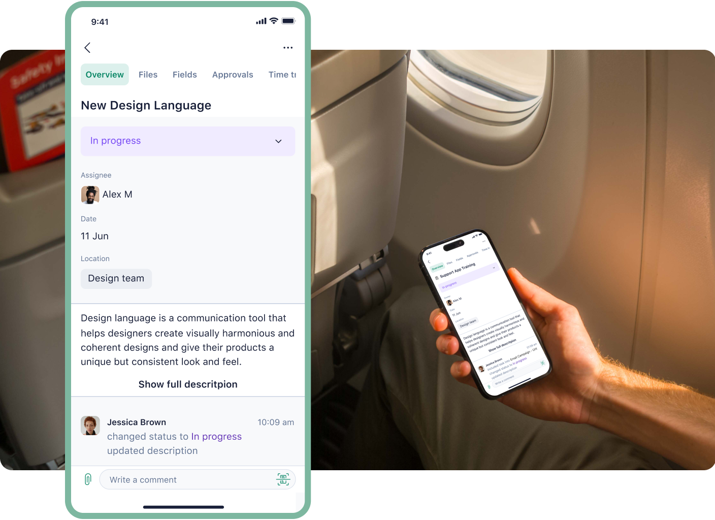 Person navigating task details on mobile device with Wrike project management interface.